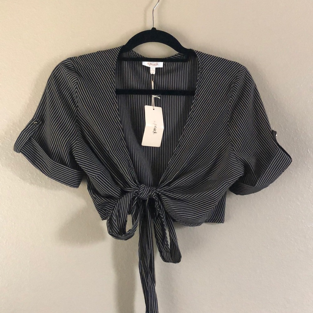 Black & White Striped Front-Tie Crop Top